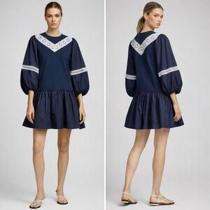 TANYA TAYLOR Kirstie Puff-Sleeve Drop-Waist Mini Dress Navy Blue Size XS NEW